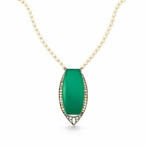 Art Deco Necklace Sterling Silver Green Chrysoprase Pendant Cultured Pearl